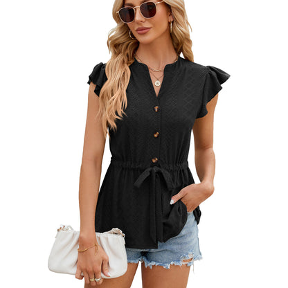 Solid Color Buttons Lace-up Loose T-shirt Cardigan