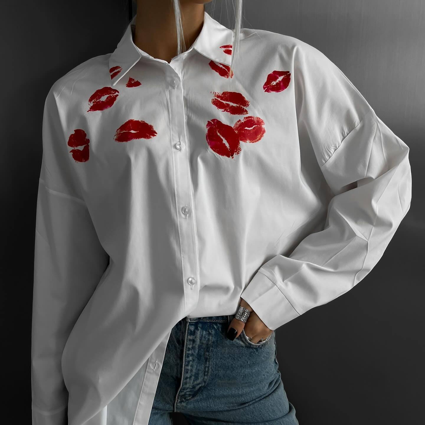 Women's Fashion Red Lips Printed White Shirt