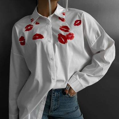 Women's Fashion Red Lips Printed White Shirt