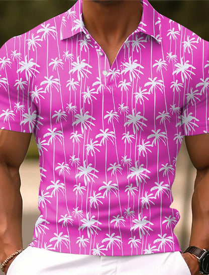 Men's Fashion Personality Coconut Tree Graphic Printing Lapel Short Sleeve