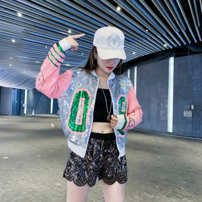 Women's Sequined Hip Hop Casual Loose Baseball Collar Jacket Coat