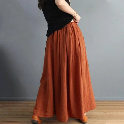 Retro Artistic Style Loose Elastic Waist Color Matching Cotton And Linen Skirt Slimming A- Line Skirt