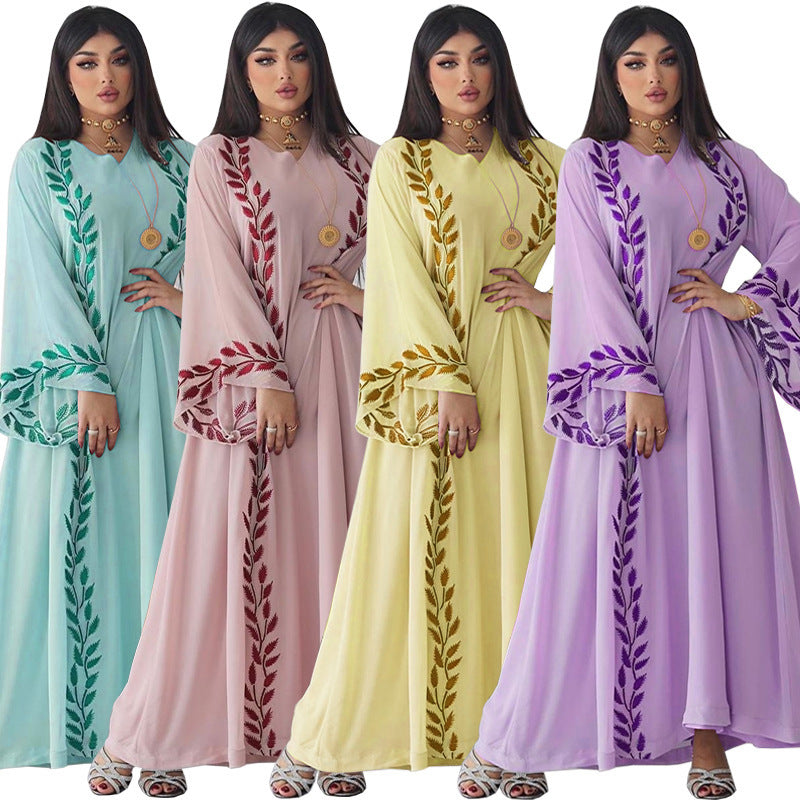 Chiffon Long Muslim Embroidered Crew Neck Dress With Headscarf