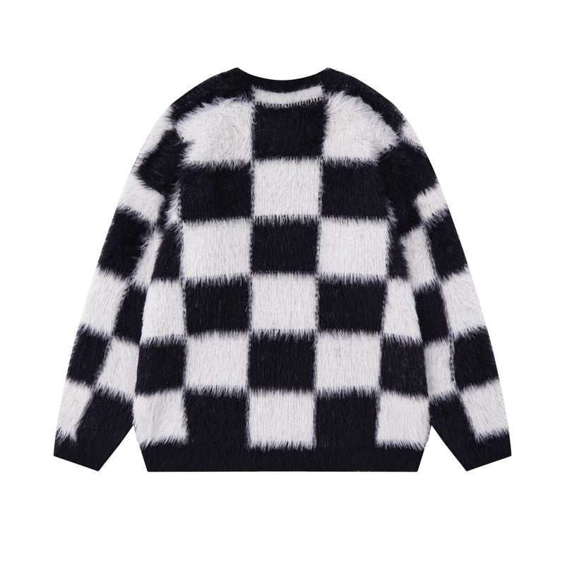 National Fashion Street Creativity Design Chessboard Round Neck Sweater