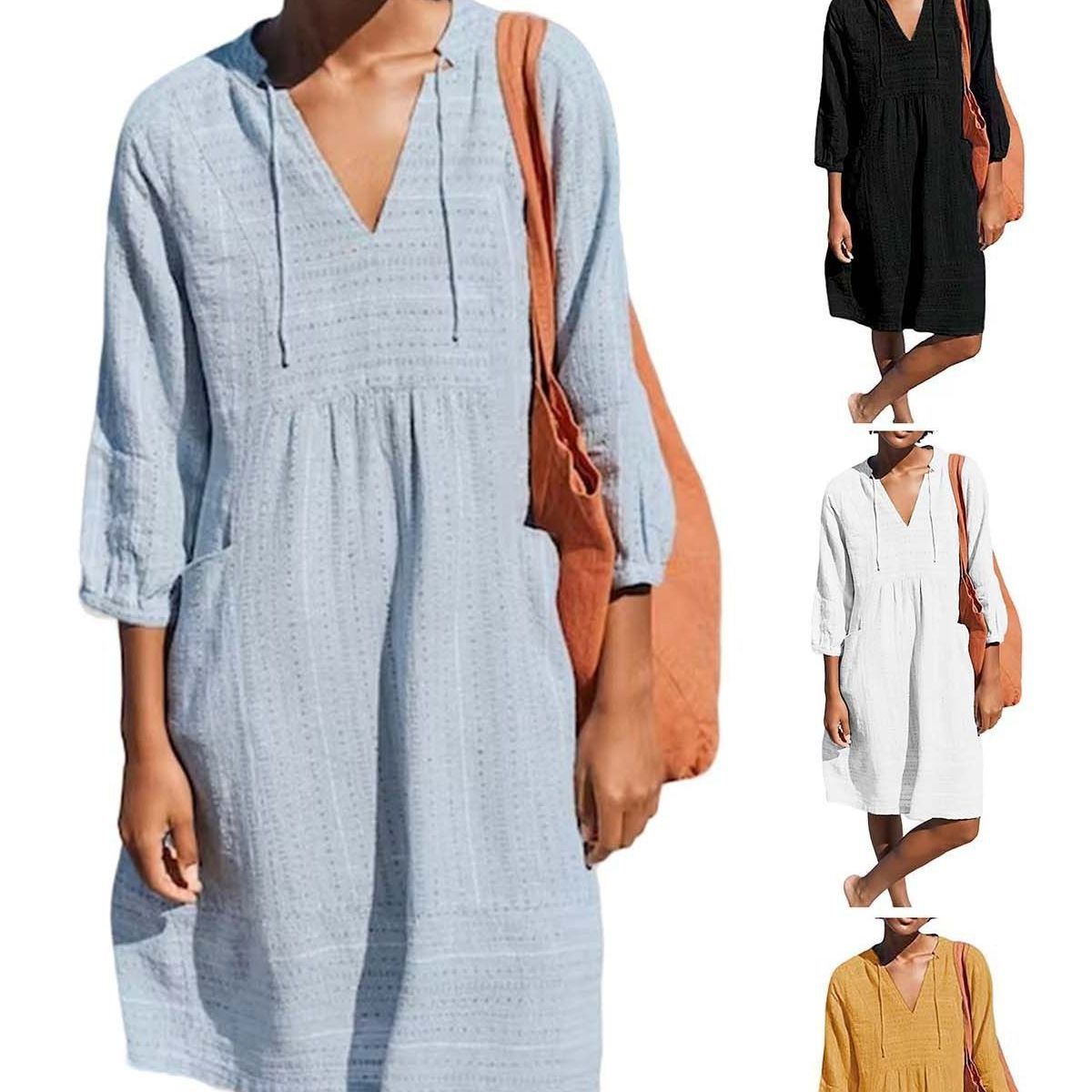 Cotton Linen Jacquard V-neck Loose Pockets Dress