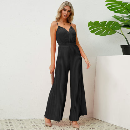 V-neck Suspender Pleated Jumpsuit Women Solid Color Loose Straight Pants