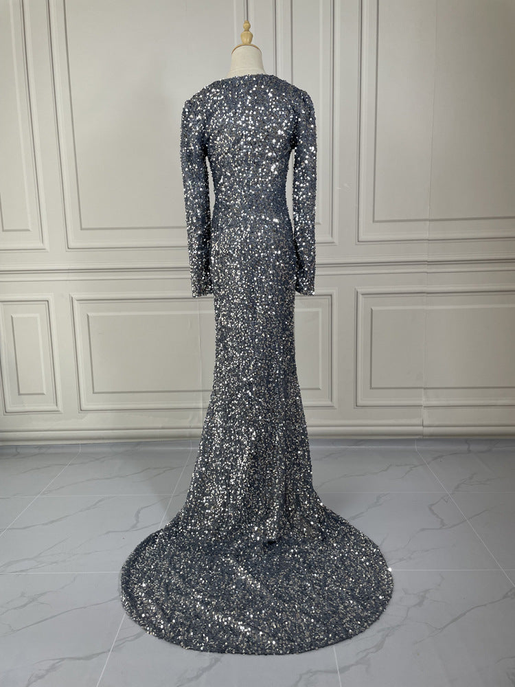 Grey Long Sleeve Sequin Evening Dress