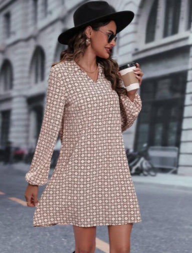 Long Sleeve Printed Polo Collar Dress Floral Dress