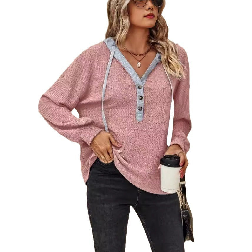 Casual Button Hooded Loose Long Sleeves Sweater For Women