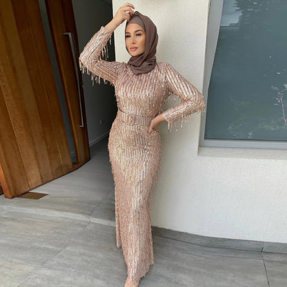 Sequin Tassels Slim-fit Dress Muslim Dress