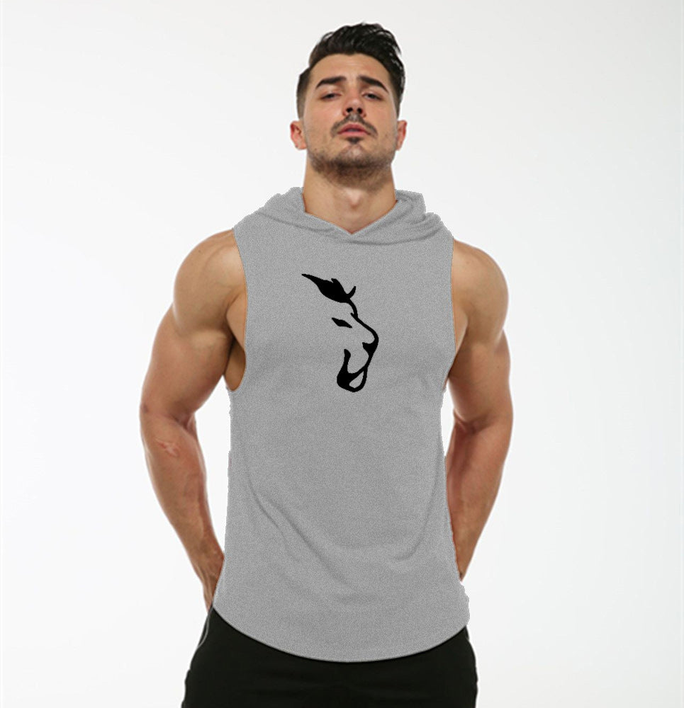 European And American Summer Hooded Curved Hem Elastic And Sweat-absorbing Wolf Head Printed Vest