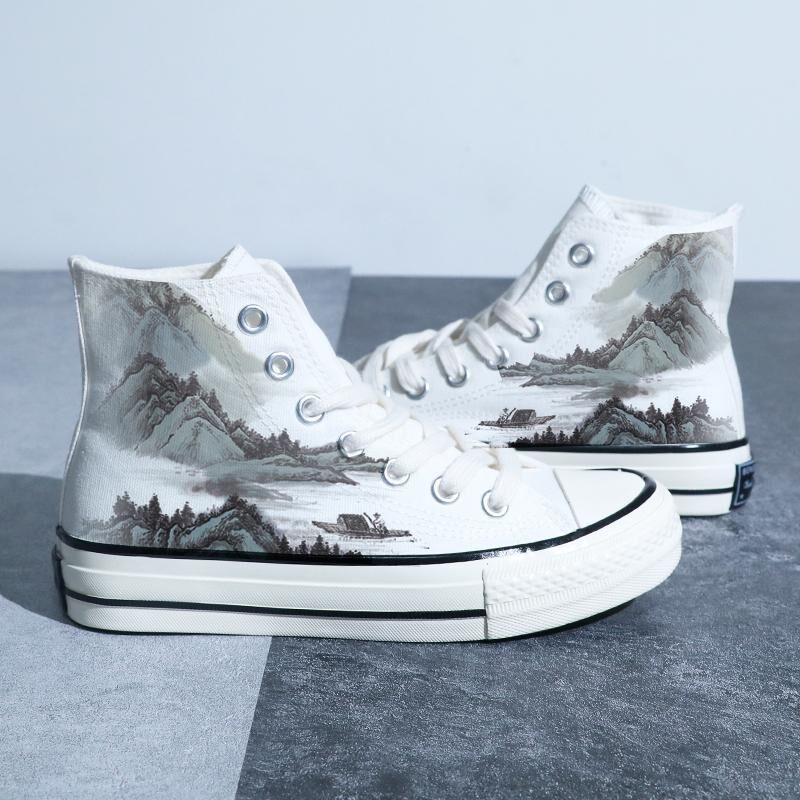 Chinese Style Canvas  Retro Landscape Painting  Lotus Pond  Bamboo Forest  High Top Board Shoes