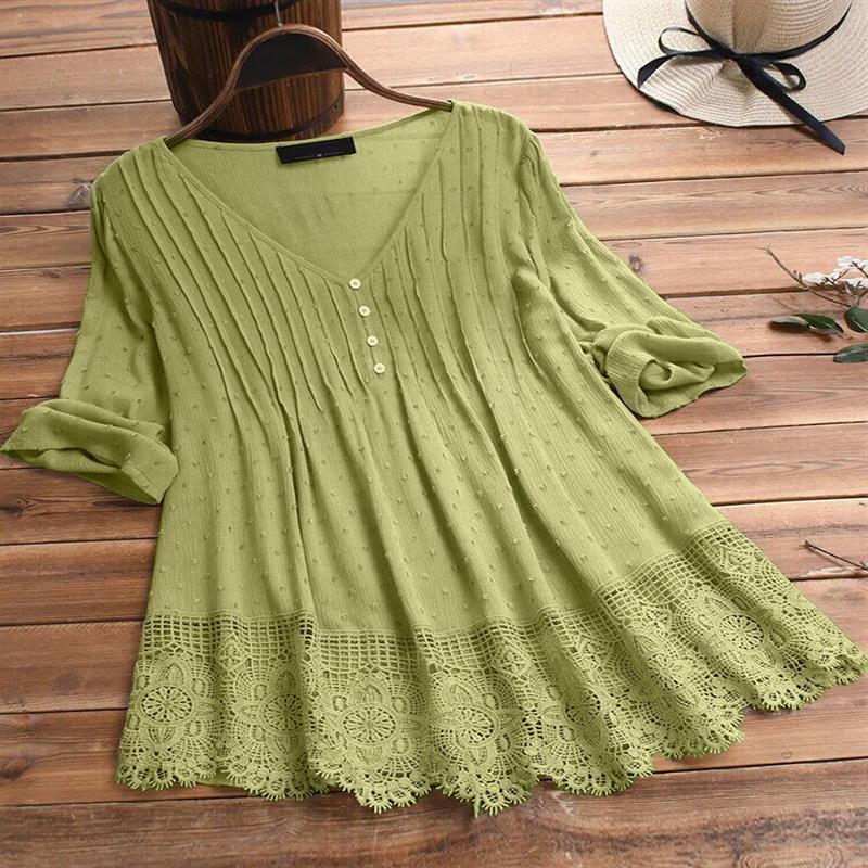 Women's Jacquard Pleated Lace Hollow Out V-neck Shirt