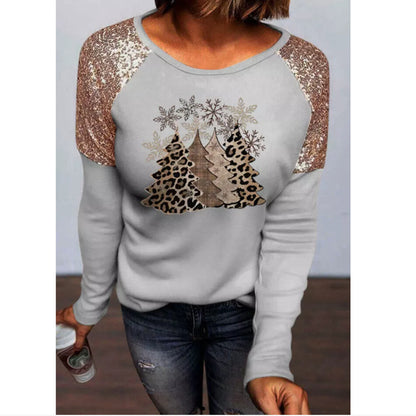 Fashion All-match Sequin Stitching Snowflake Christmas Tree Print Long-sleeved T-shirt