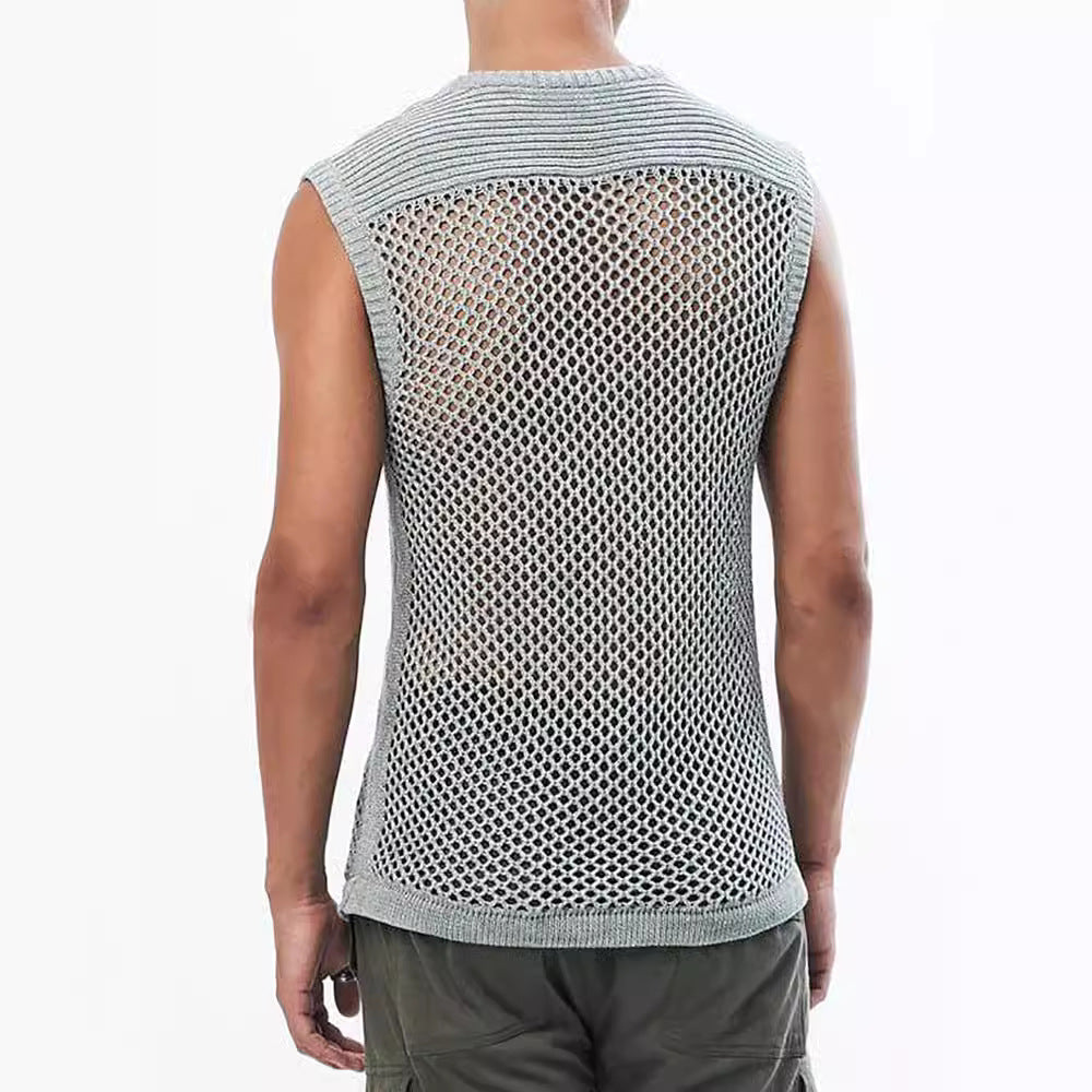 Street Mesh Fabric Texture Stitching Sleeveless Knitted Men