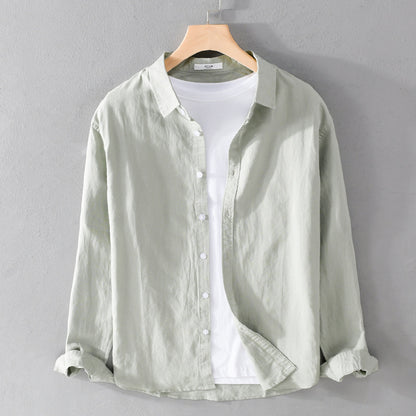 Men's New Cotton And Linen Long Sleeve White Art Versatile Casual Breathable Solid Color Linen Shirt