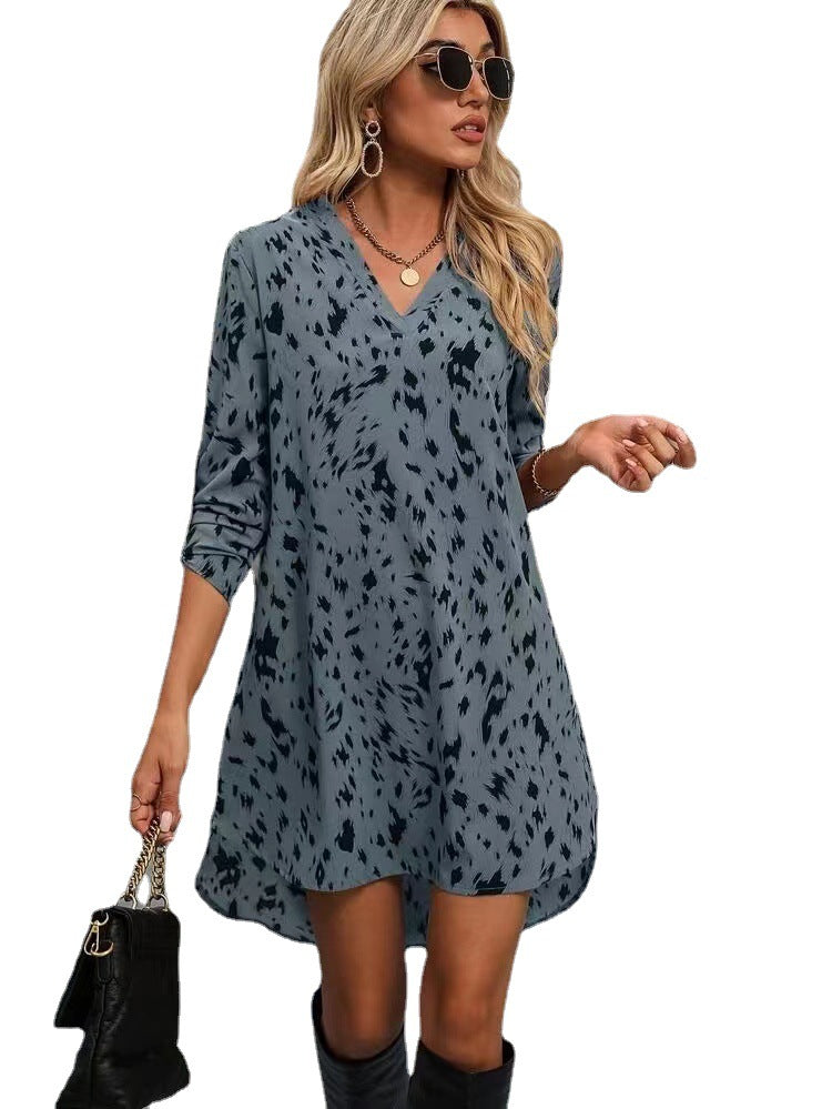 Slim-fit Leopard Print Fashion Stand Collar Long Sleeve Dress