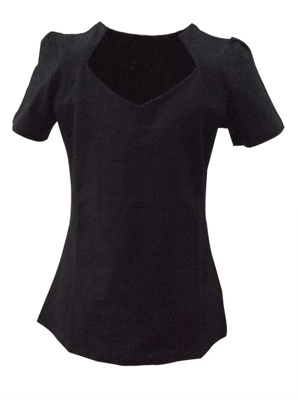 Solid Color Loose Half-open Collar Women's Short-sleeved Top