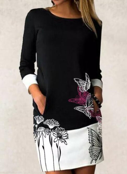 Round Neck Pocket Long Sleeve Stitching Printing Dress