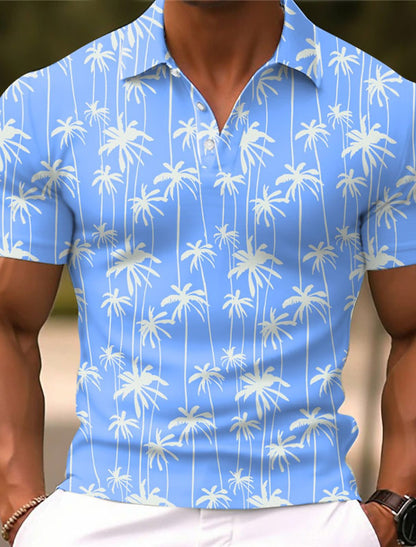 Men's Fashion Personality Coconut Tree Graphic Printing Lapel Short Sleeve