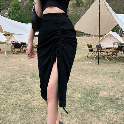 High Waist Slit Skirt Women's Irregular Mid-length Skirt Drawstring Ruffle Hip Skirt