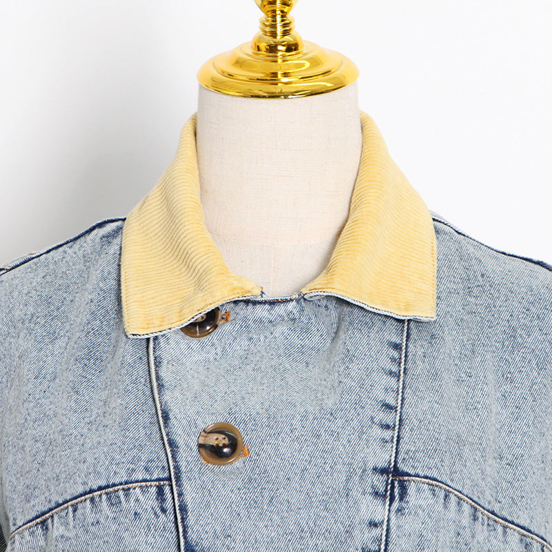 Fashion Elegance Retro Lapel Single Breasted Design Color Contrast Patchwork Loose Denim Jacket