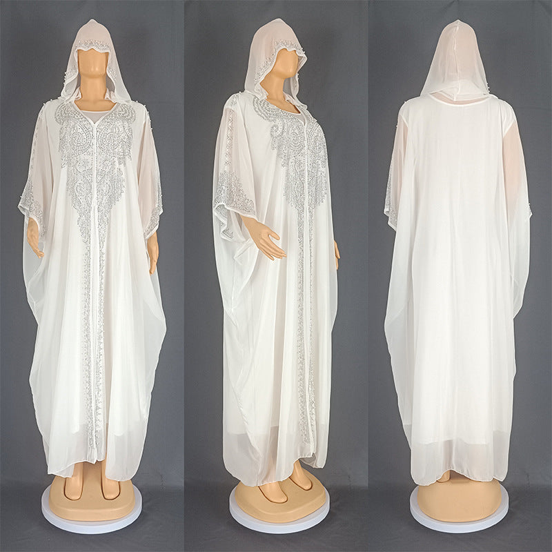 Rhinestone Beaded Muslim Long Gown African Hooded Dress