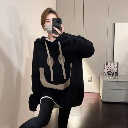 Soft Glutinous Beige Smiley Face Hooded Sweater Women's Autumn And Winter New Lazy