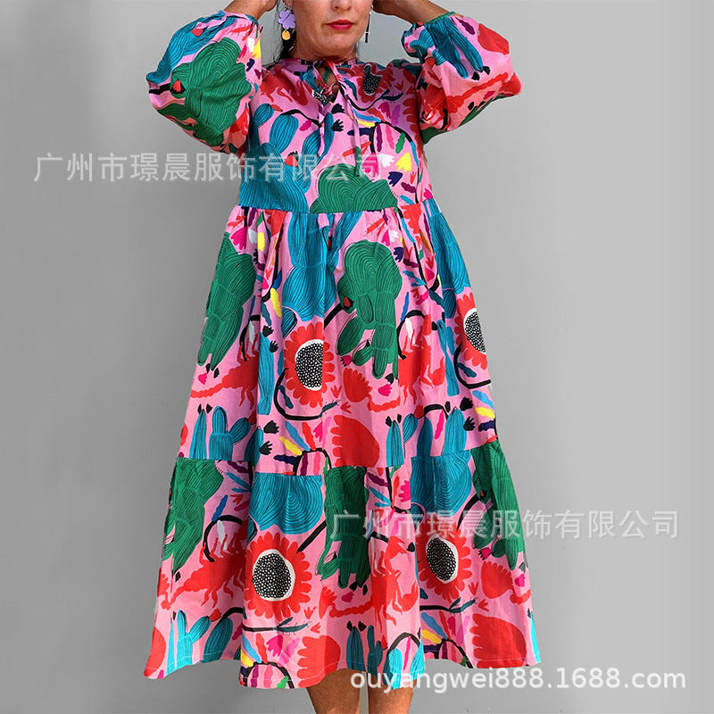 Loose Printed Long-sleeve Round-collar Dress