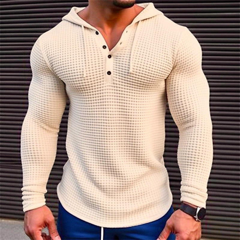 Men's Waffle Button Hoodie T-shirt Top Vacation Long Sleeve Casual Fashion