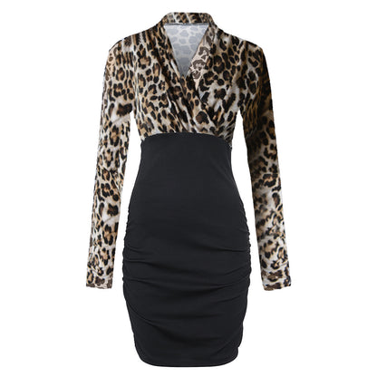 Women's V-neck Long Sleeve Leopard Splicing Slim Fit Sheath Dress