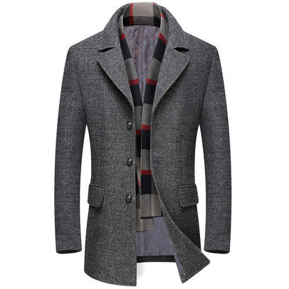 Thick Quilted Lapel Collar Men's Mid-length Wool Overcoat