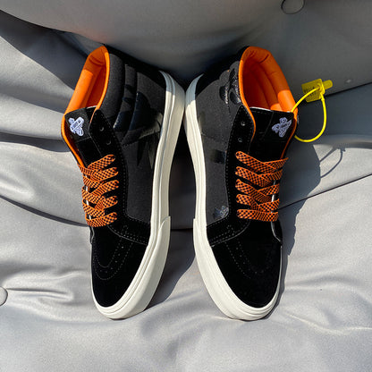 University Style Men's Shoes Black Orange Plaid Mid-top Canvas