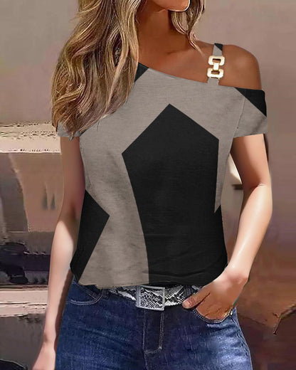 Women's Summer Simplicity Short-sleeved Metal Buckle Printed T-shirt