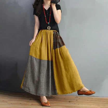 Retro Artistic Style Loose Elastic Waist Color Matching Cotton And Linen Skirt Slimming A- Line Skirt