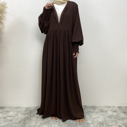 Muslim Simple Solid Color Pleated Elastic Chiffon Dress