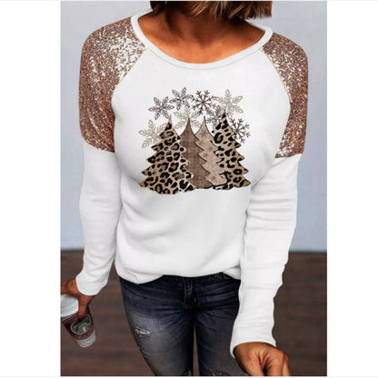 Fashion All-match Sequin Stitching Snowflake Christmas Tree Print Long-sleeved T-shirt