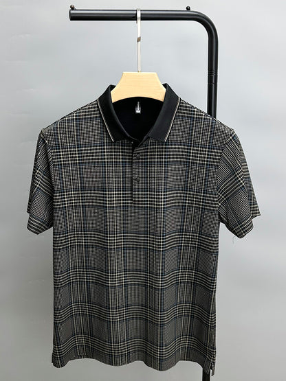 Summer Thin Section Traceless Shirt Collar Plaid Printed Clothing For Middle-aged Dad Half Sleeve Polo Shirt