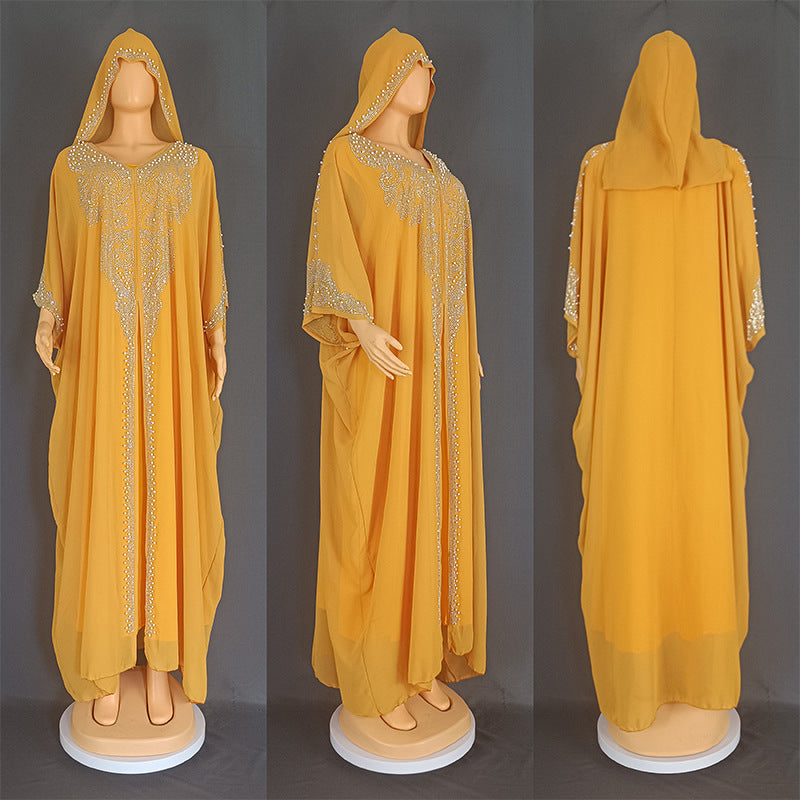 Rhinestone Beaded Muslim Long Gown African Hooded Dress