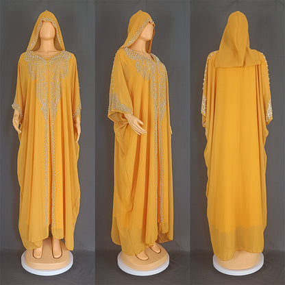 Rhinestone Beaded Muslim Long Gown African Hooded Dress