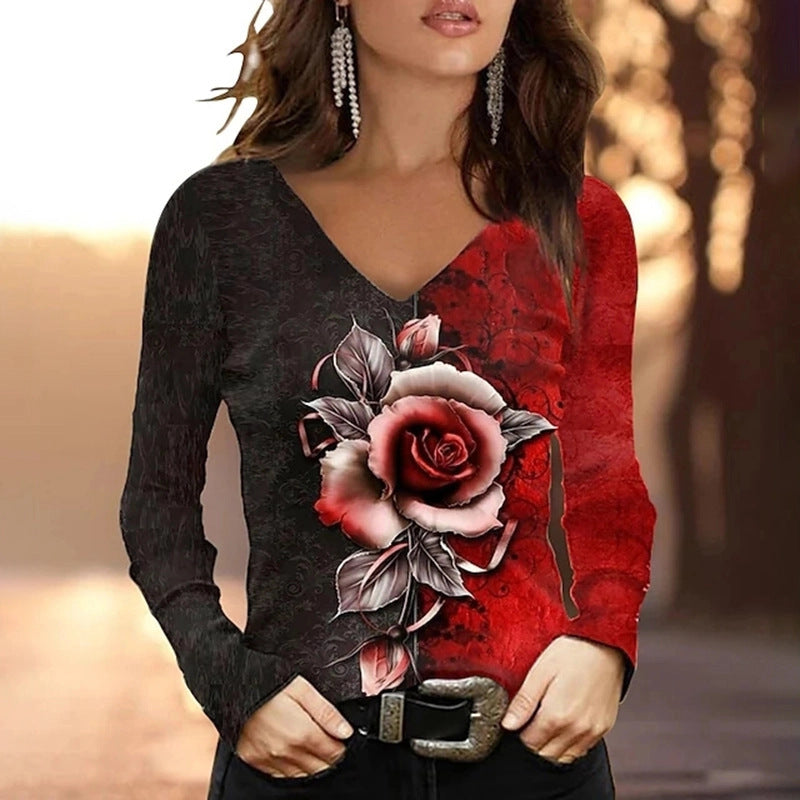 Women's Long Sleeve 3D Digital Printing Slim Bottoming Shirt Long Sleeve