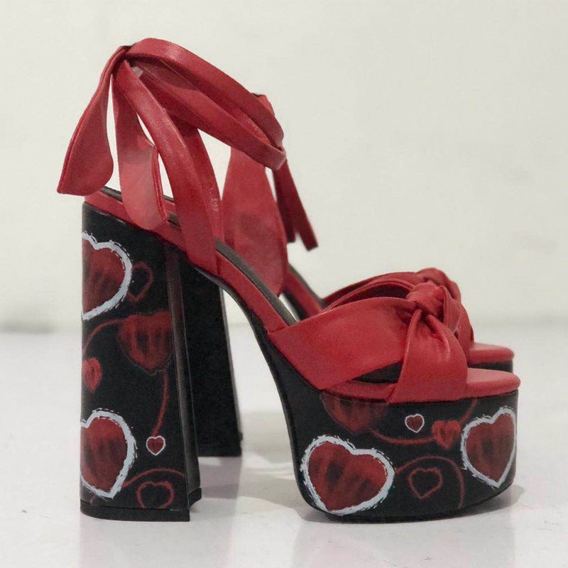 Summer Peep Toe Platform Thick Heel Bowknot Lace-up Super High Heels