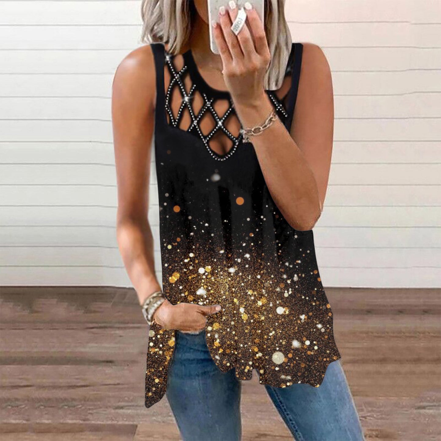 Women's Hollowed Out Hot Drilled Sleeveless Vest Print Tshirt