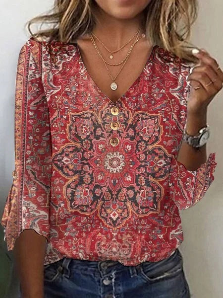 V-neck Flared Sleeves Printed T-shirt Top