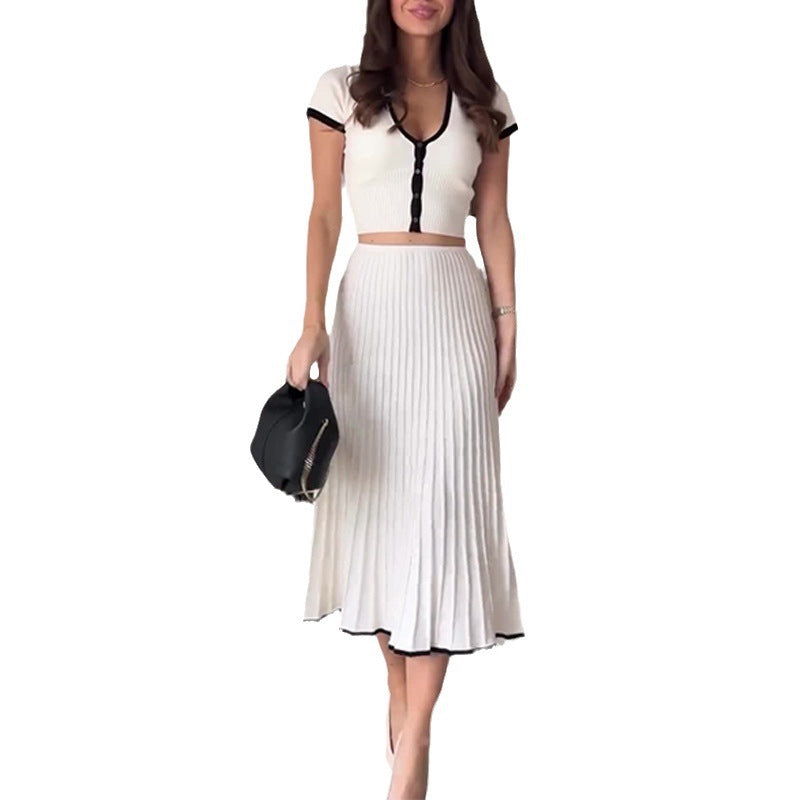 Knitted Contrast Color Slim Fit Short Top High Waist Skirt