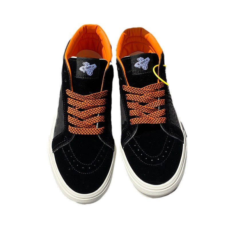 University Style Men's Shoes Black Orange Plaid Mid-top Canvas