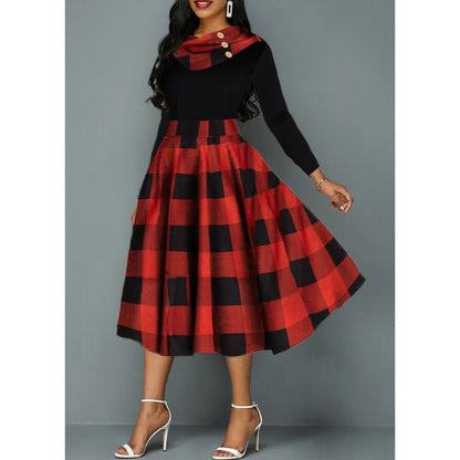 Women's Pile Collar Long-sleeved Plaid Stitching Dress