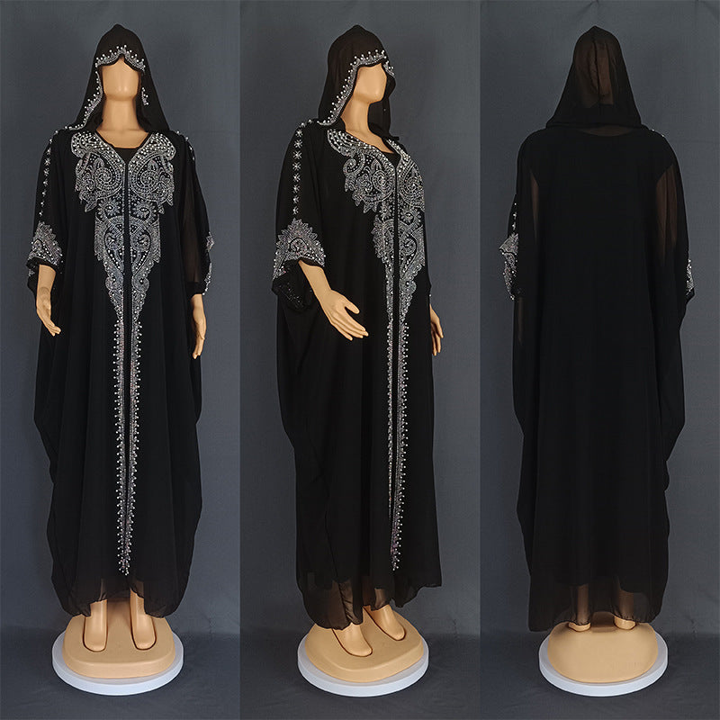 Rhinestone Beaded Muslim Long Gown African Hooded Dress