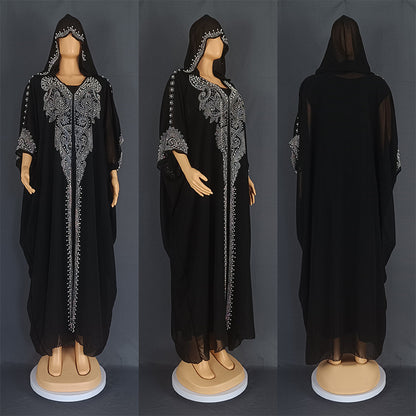 Rhinestone Beaded Muslim Long Gown African Hooded Dress