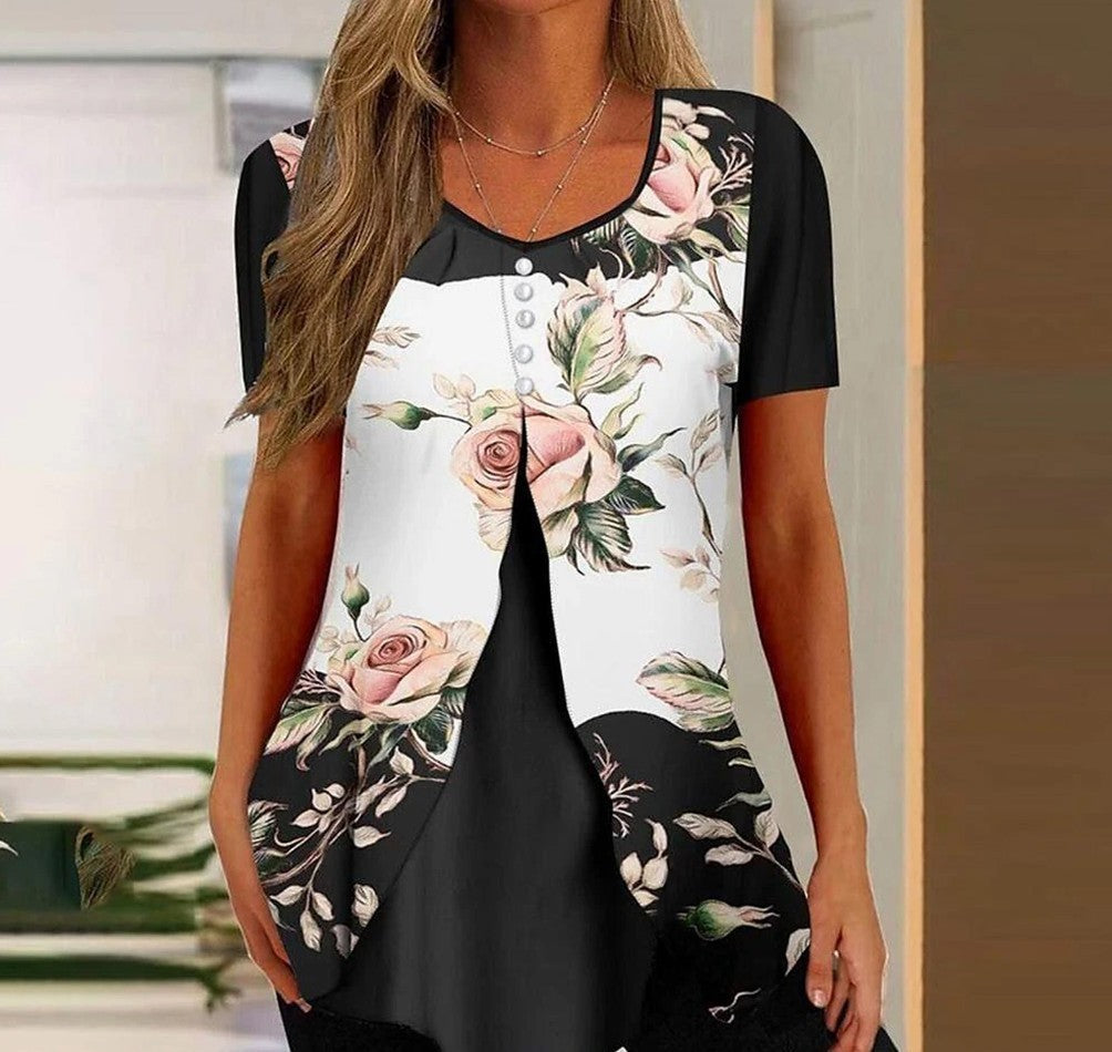 Fashion Printed Casual Short Sleeve Fake Two-piece T-shirts Women